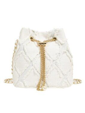 Denim Quilted Bucket Bag Drawstring Chain Strap Shoulder Handbag